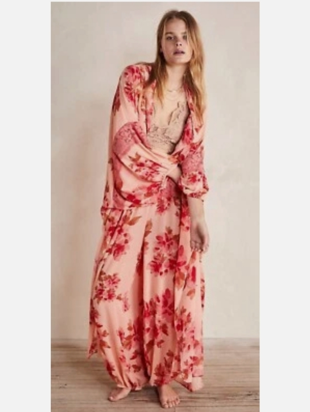NWOT Free People Into the Wild Floral Kimono Duster Lace Sleeves Peach XS